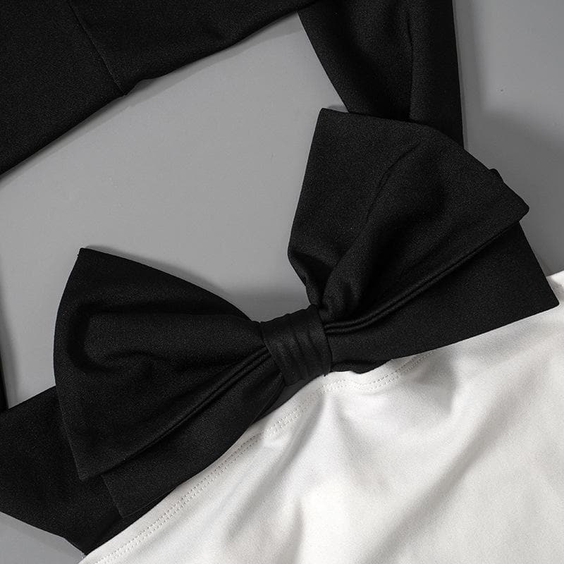 Bowknot applique contrast off shoulder backless mini dress - View 6