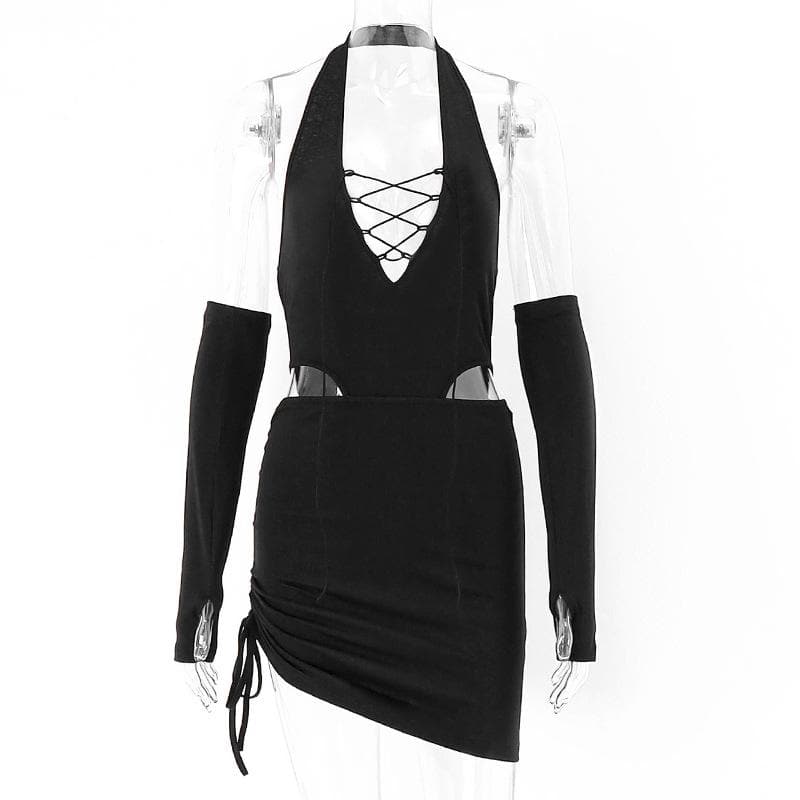 Halter Neck Cut Out Lace Up Mini Dress - View 2