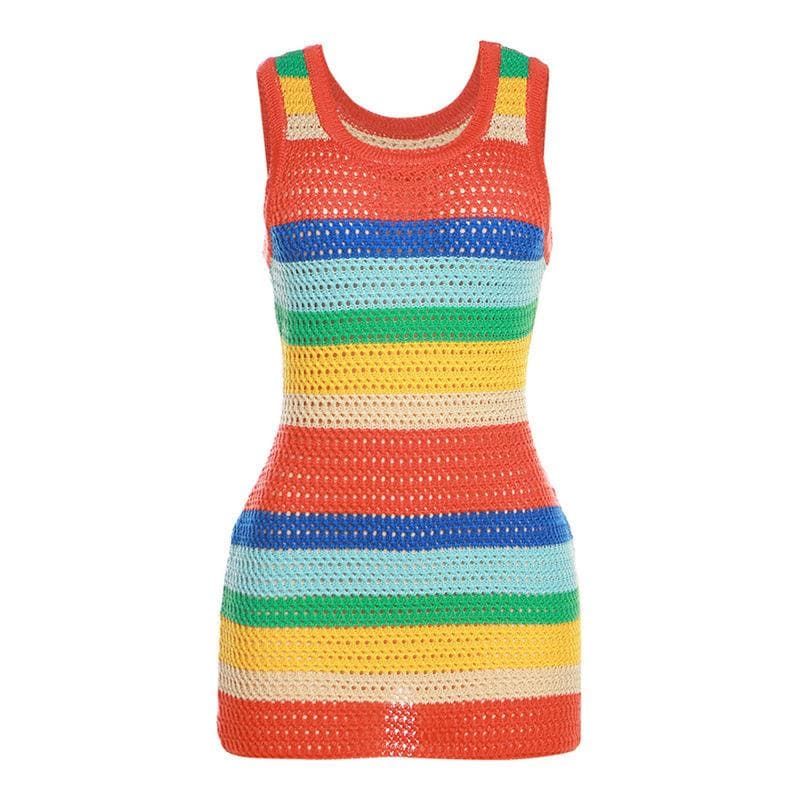 Crochet Rainbow Stripe Scoop Neck Sleeveless Bodycon Mini Dress