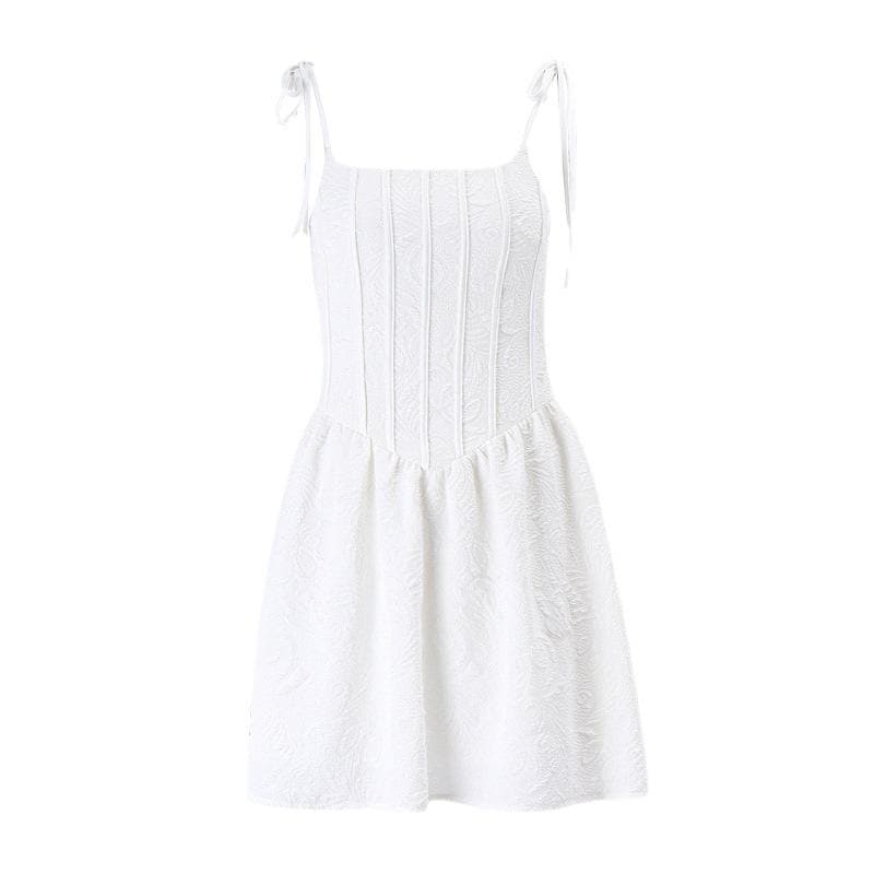 Textured Tie Strap Square Neck Corset Fit and Flare Mini Dress