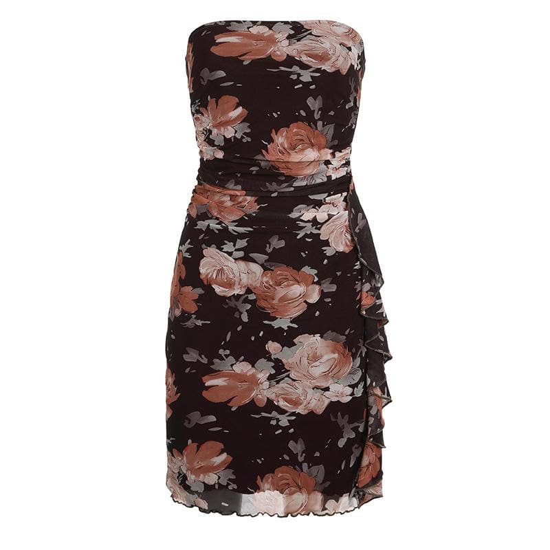Floral Print Mesh Strapless Ruched Ruffle Bodycon Mini Dress - View 2