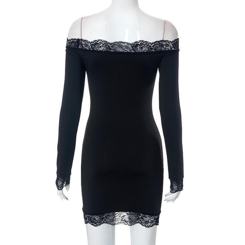 Lace hem solid off shoulder long sleeve mini dress - View 4