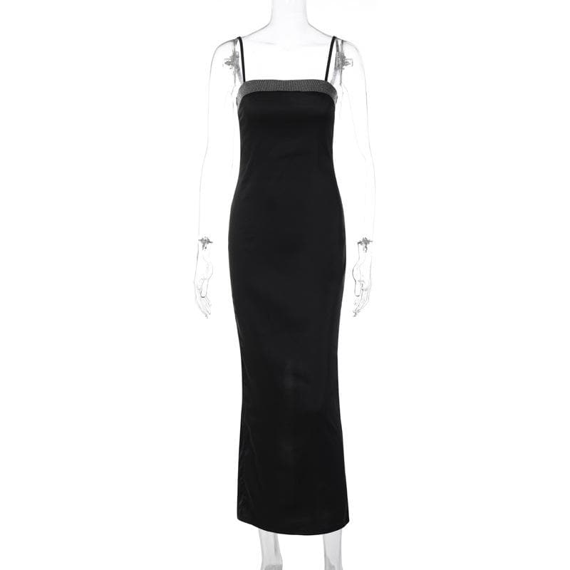 Beaded square neck slit zip-up backless cami maxi dress - View 3