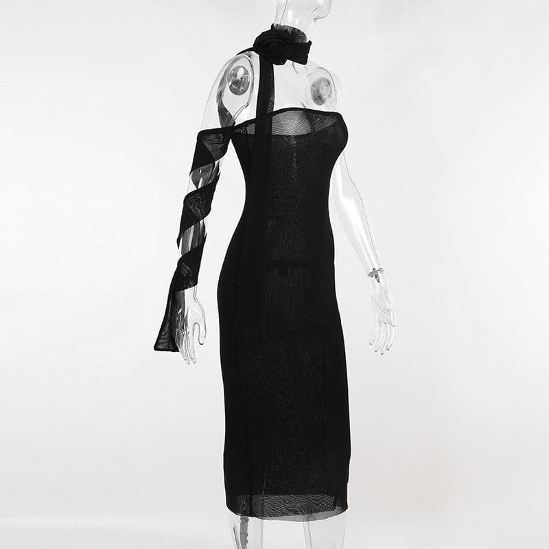 One Shoulder Rosette Tie Bodycon Maxi Dress - View 4