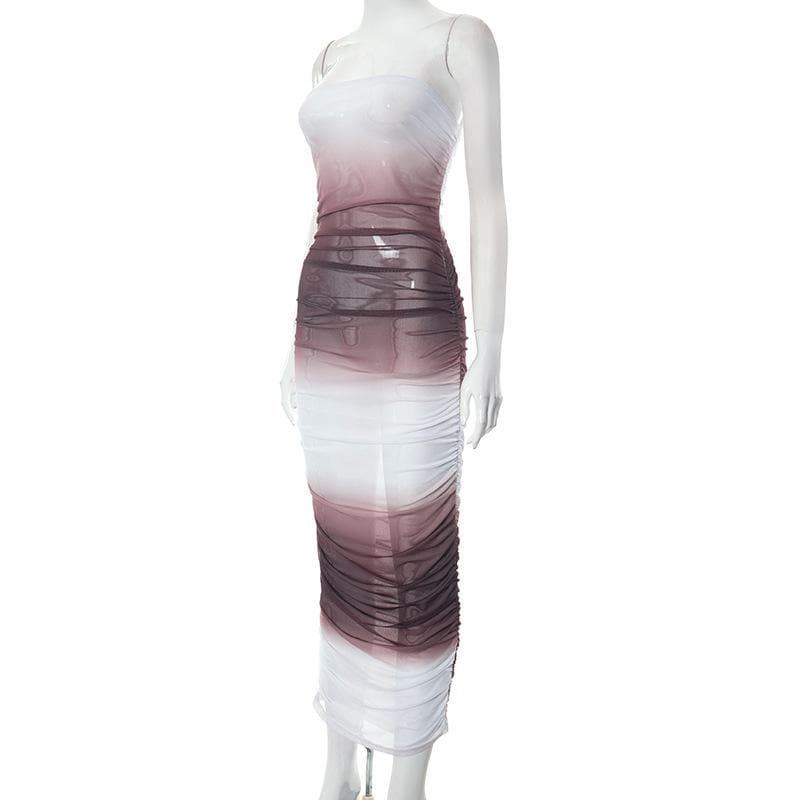 Gradient sheer mesh see through ruched tube maxi dress - View 3