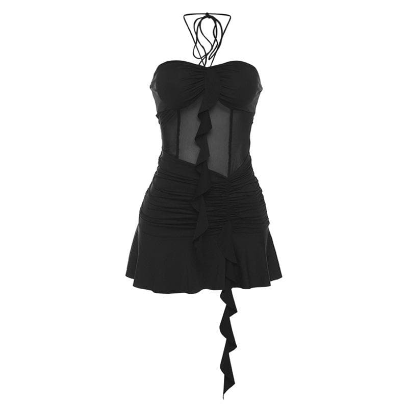 Mesh Halter Neck Ruffle Ruched Mini Dress - View 3