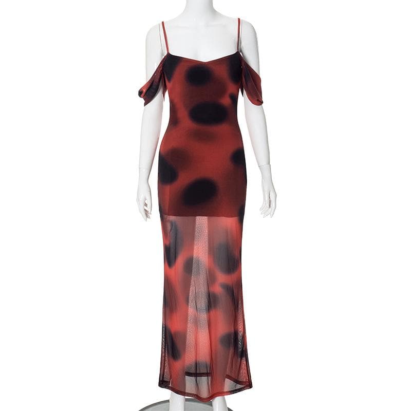 Polka dot mesh contrast off shoulder ruched cami maxi dress - View 2