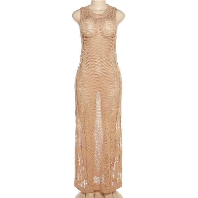 Open Knit Distressed Crochet Mesh Sleeveless Bodycon Maxi Dress - View 3