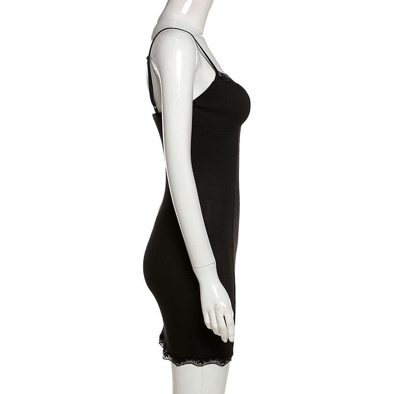 Lace hem solid v neck backless cami mini dress - View 3