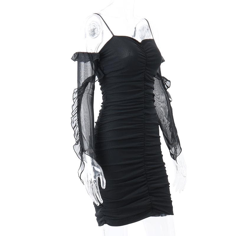 Solid ruched backless ruffle mesh mini dress - View 10