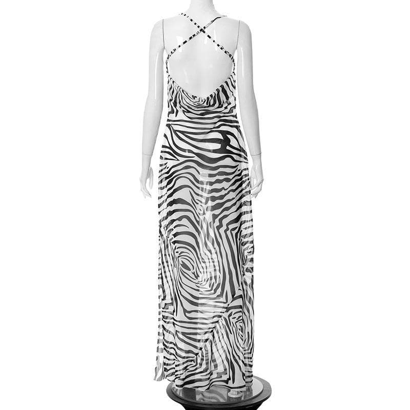Cowl neck print cross open back maxi chiffon dress - View 4