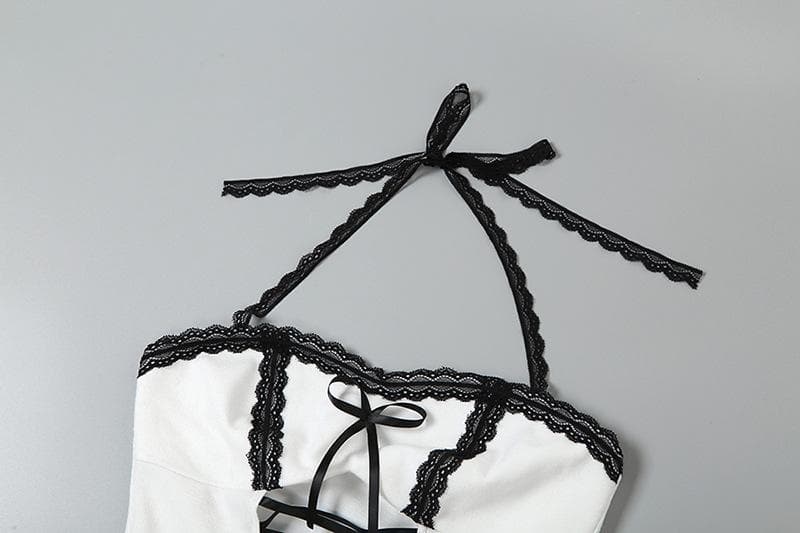 Lace Trim Halter Neck Lace Up Cut Out Mini Dress - View 5
