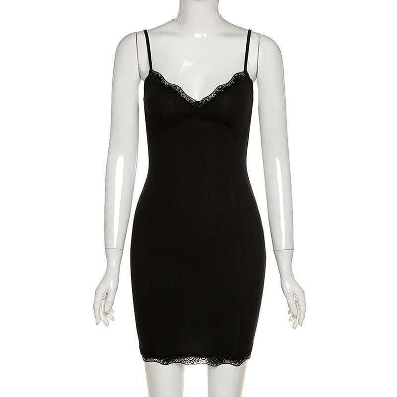 Lace hem solid v neck backless cami mini dress - View 9