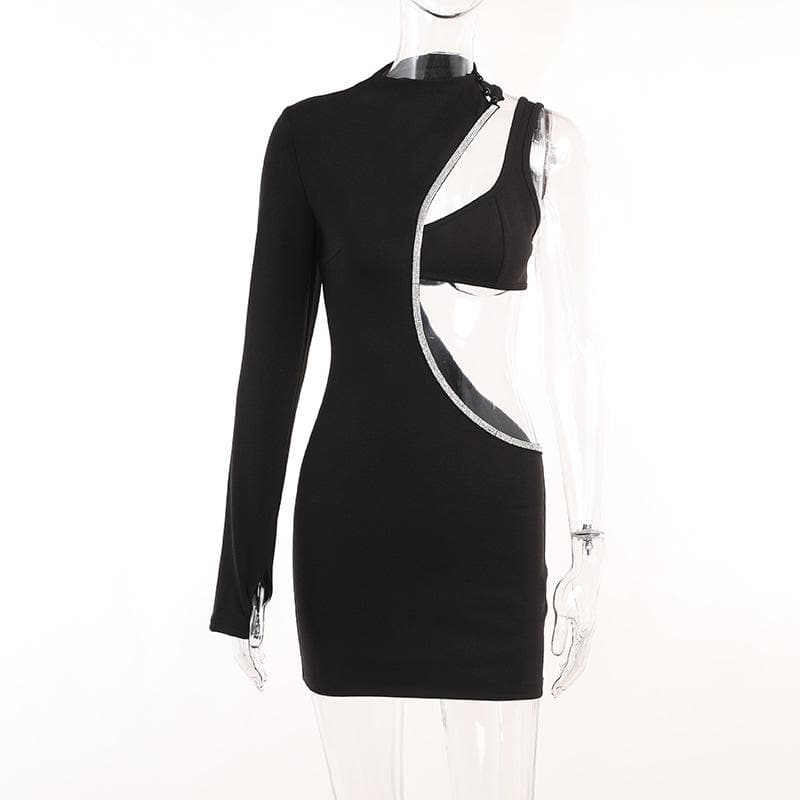 Beaded irregular button gloves hollow out long sleeve mini dress - View 2