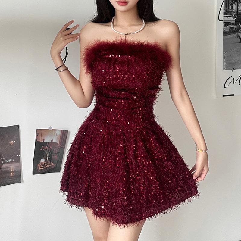 Textured glitter backless feather tube mini dress - View 2