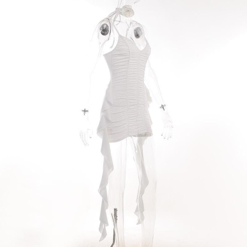 V-Neck Spaghetti Strap Ruched Bodycon Mini Dress - View 3