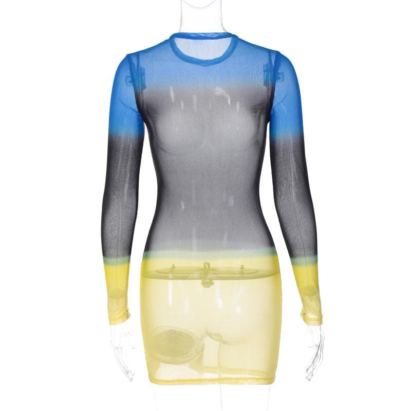 Contrast sheer mesh see through long sleeve crewneck mini dress - View 5
