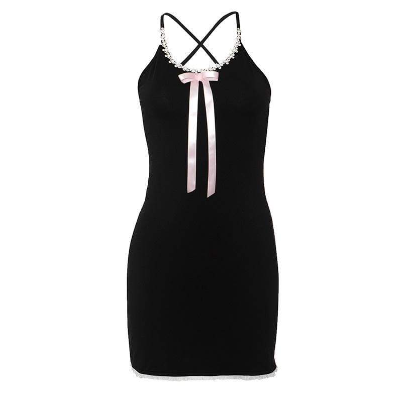 Bowknot ribbon lace hem u neck cross back backless cami mini dress - View 2