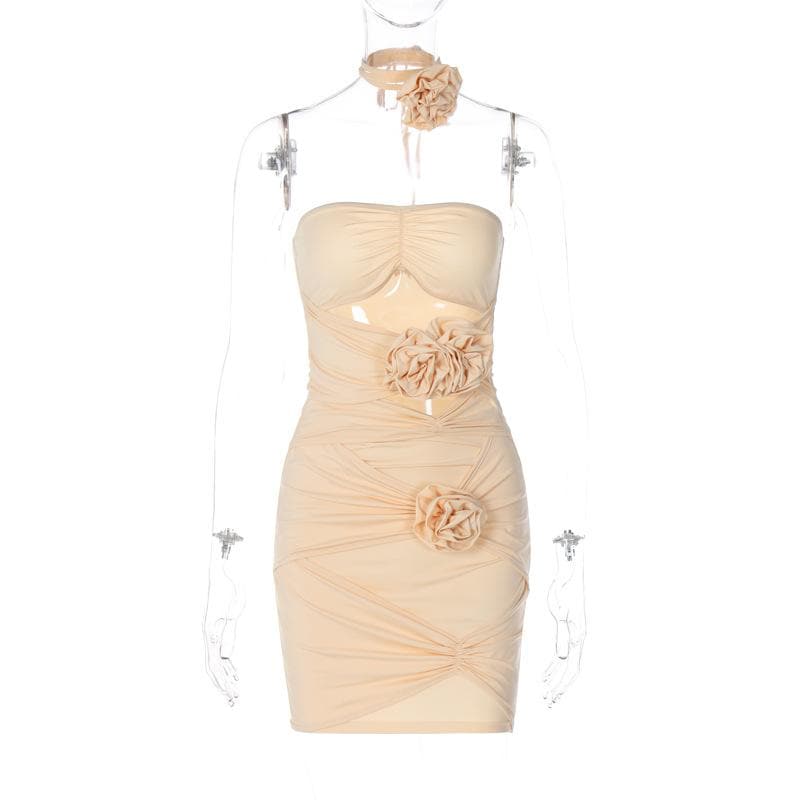 Halter Ruched Flower Applique Bodycon Mini Dress - View 2