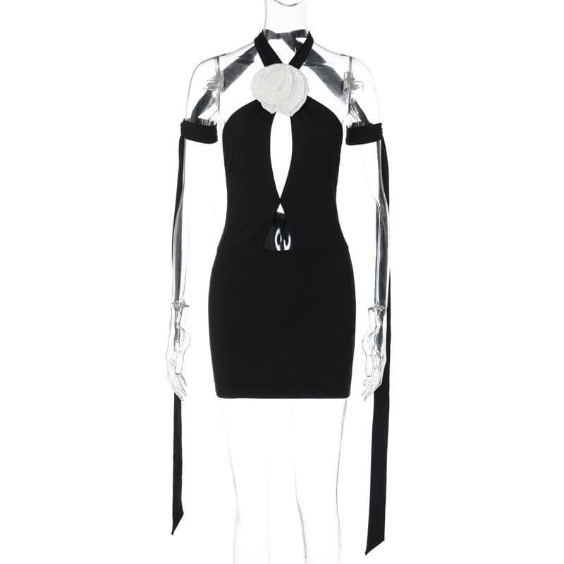 3D Flower Halter Neck Keyhole Cut Out Bodycon Mini Dress - View 8