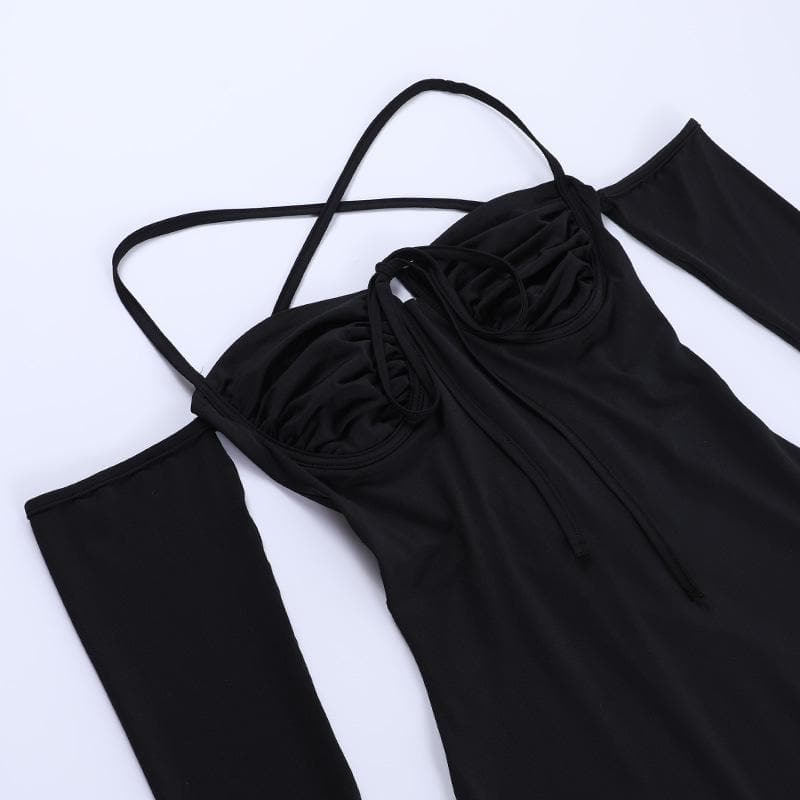 Lace up solid cross back off shoulder long sleeve mini dress - View 9