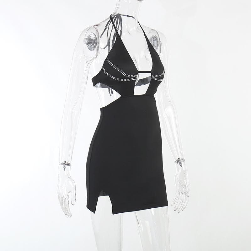 Beaded Halter Neck Cut Out High Split Bodycon Mini Dress - View 3