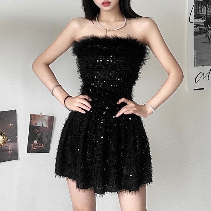 Textured glitter backless feather tube mini dress - View 5