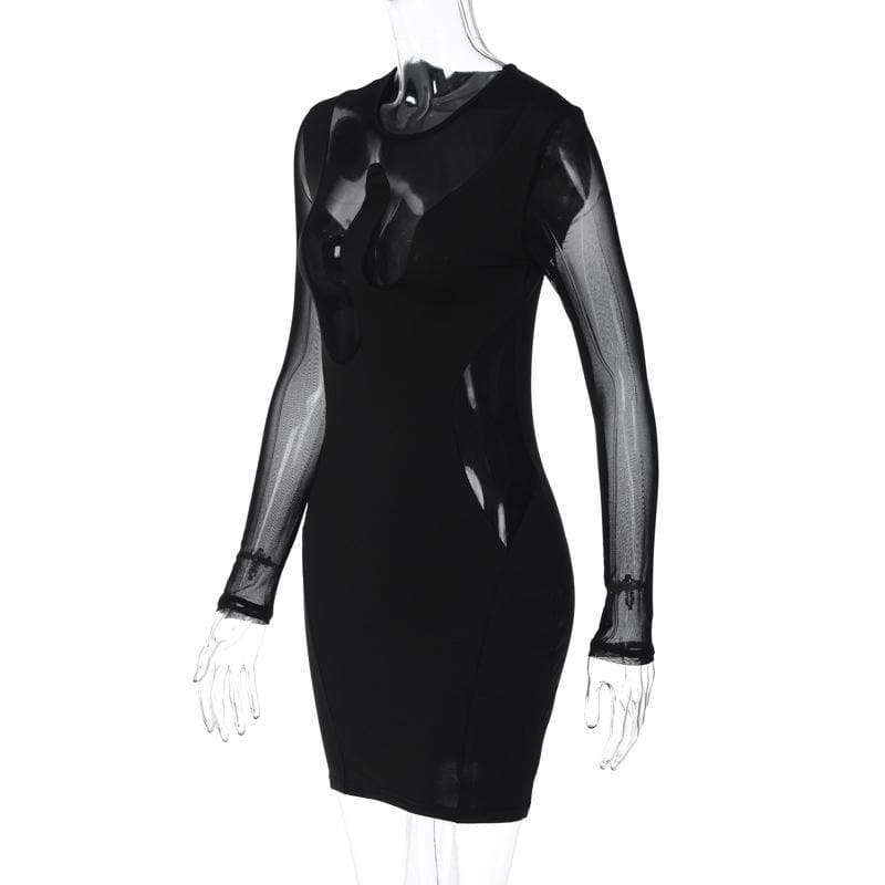 Mesh long sleeve patchwork solid mini dress - View 3