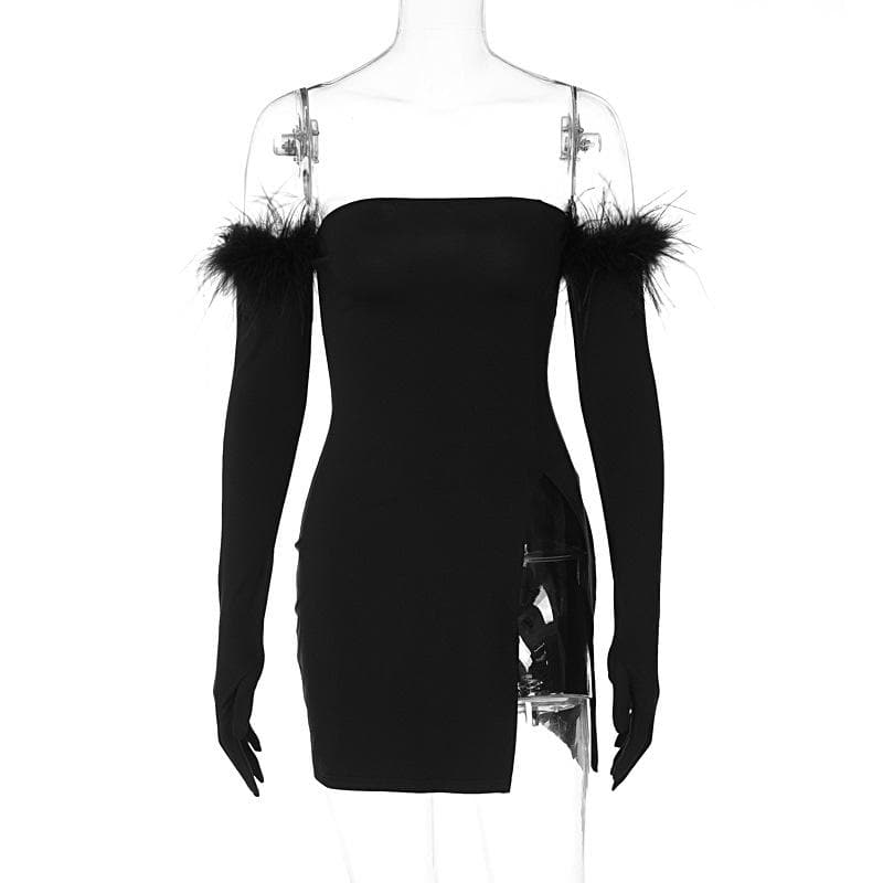 Feather solid slit backless gloves tube mini dress - View 3