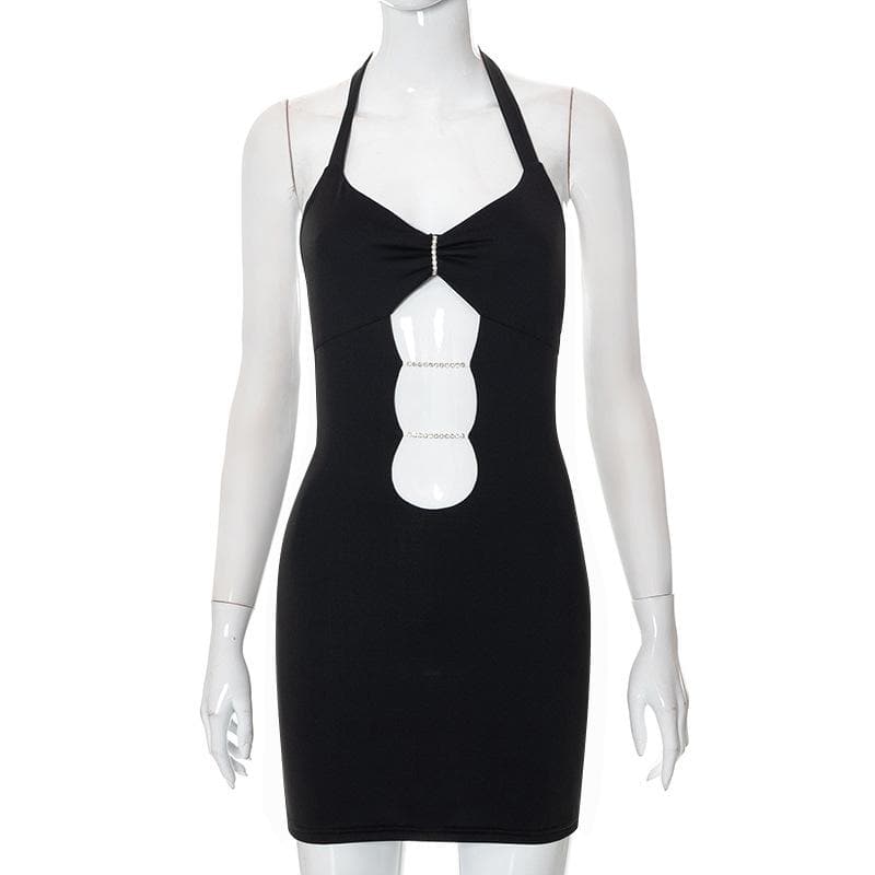 Halter Neck Ruched Cut Out Beaded Bodycon Mini Dress - View 2