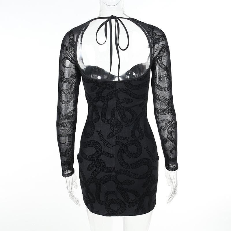 Mesh self tie long sleeve solid lace up mini dress - View 4