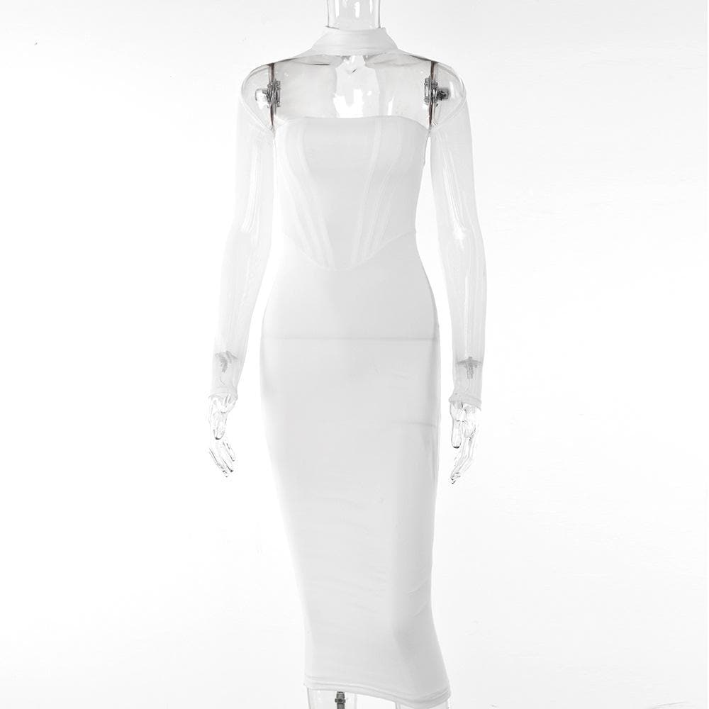 Sheer Mesh Long Sleeve Choker Strapless Bodycon Midi Dress - View 10