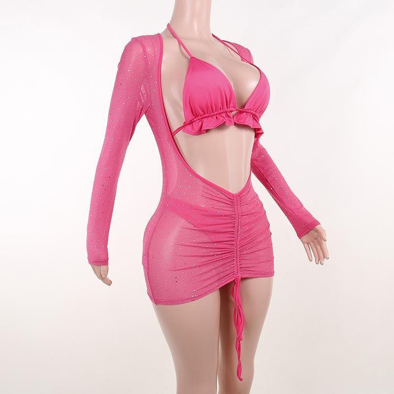 Rhinestone Sheer Mesh Long Sleeve Halter Ruched Cut Out Mini Dress - View 4