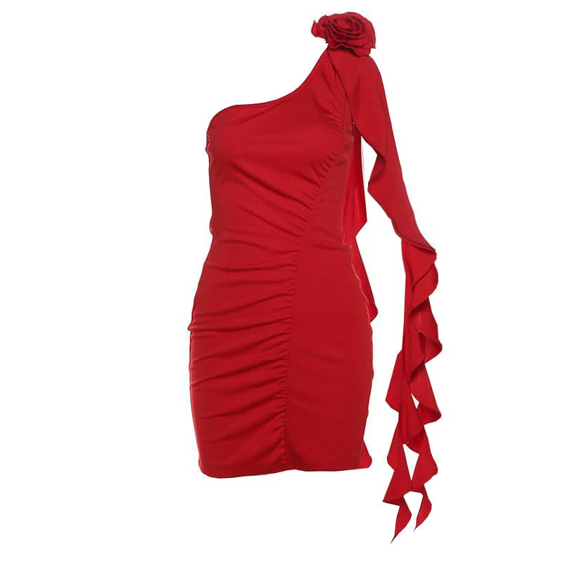 One Shoulder Ruched Flower Applique Ruffle Backless Bodycon Mini Dress