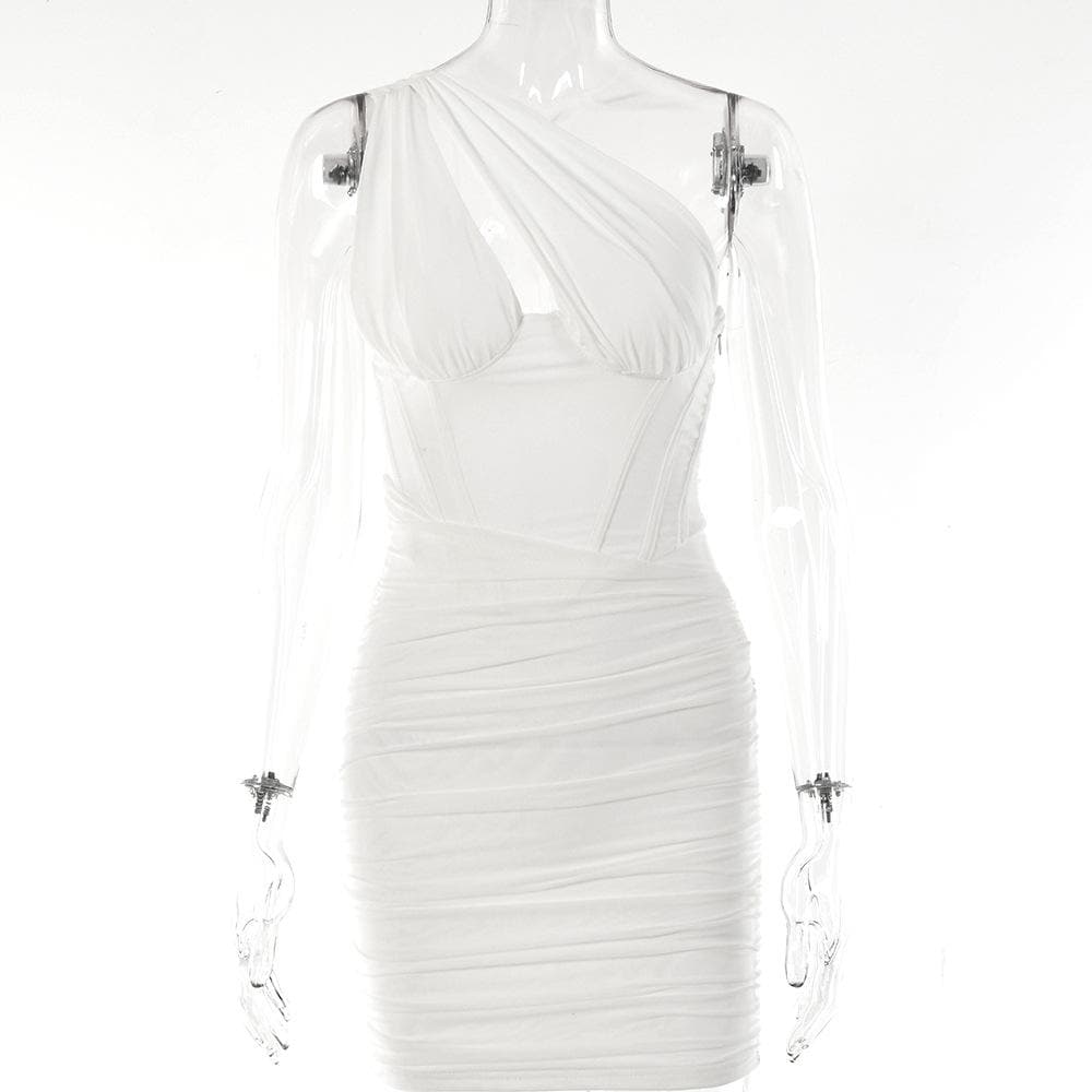 One Shoulder Mesh Ruched Cut Out Bodycon Mini Dress - View 9