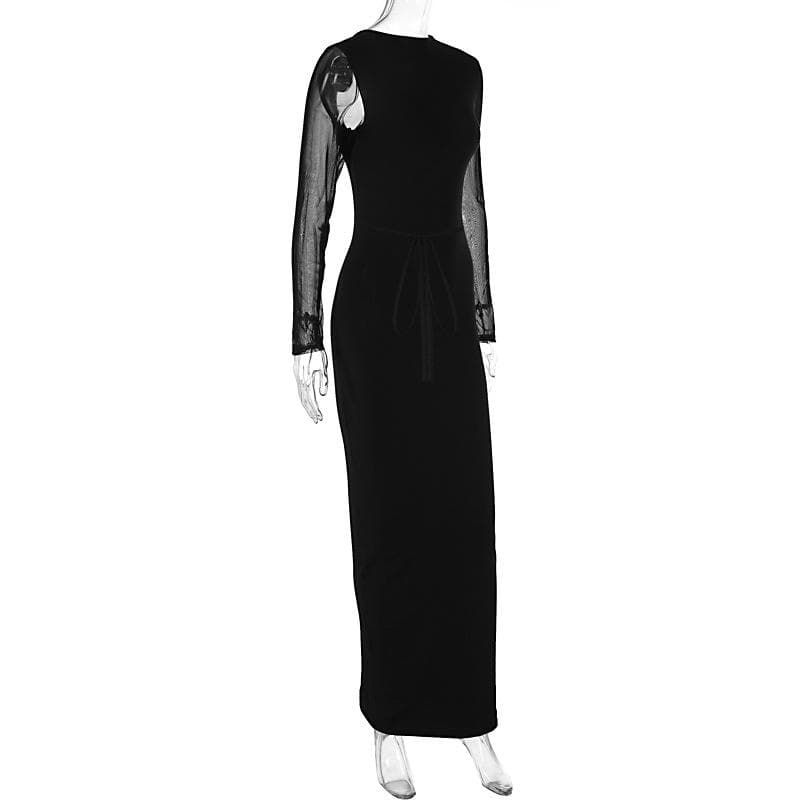Mesh patchwork solid low cut long sleeve cross front maxi dress - View 5