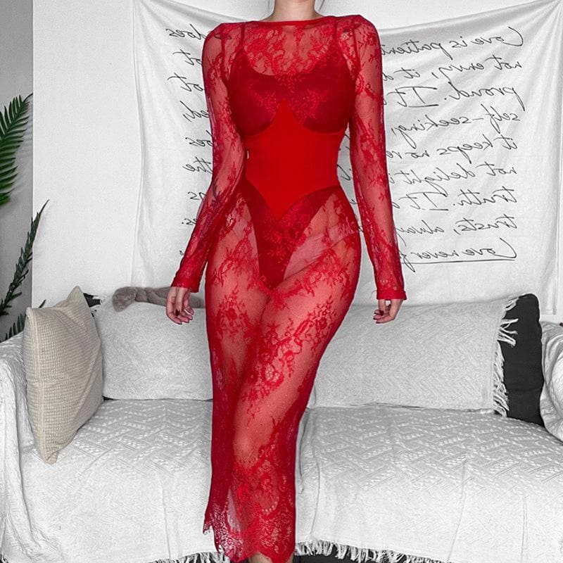 Floral Lace Long Sleeve Sheer See Through Maxi Dress