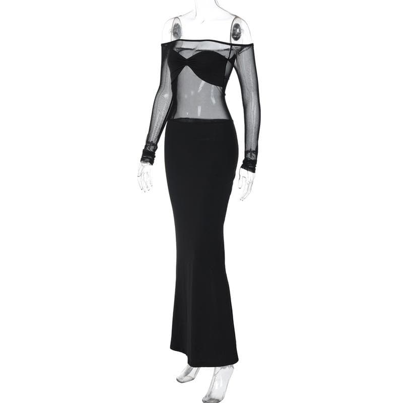 Ruched mesh patchwork off shoulder long sleeve slit maxi dress - View 3