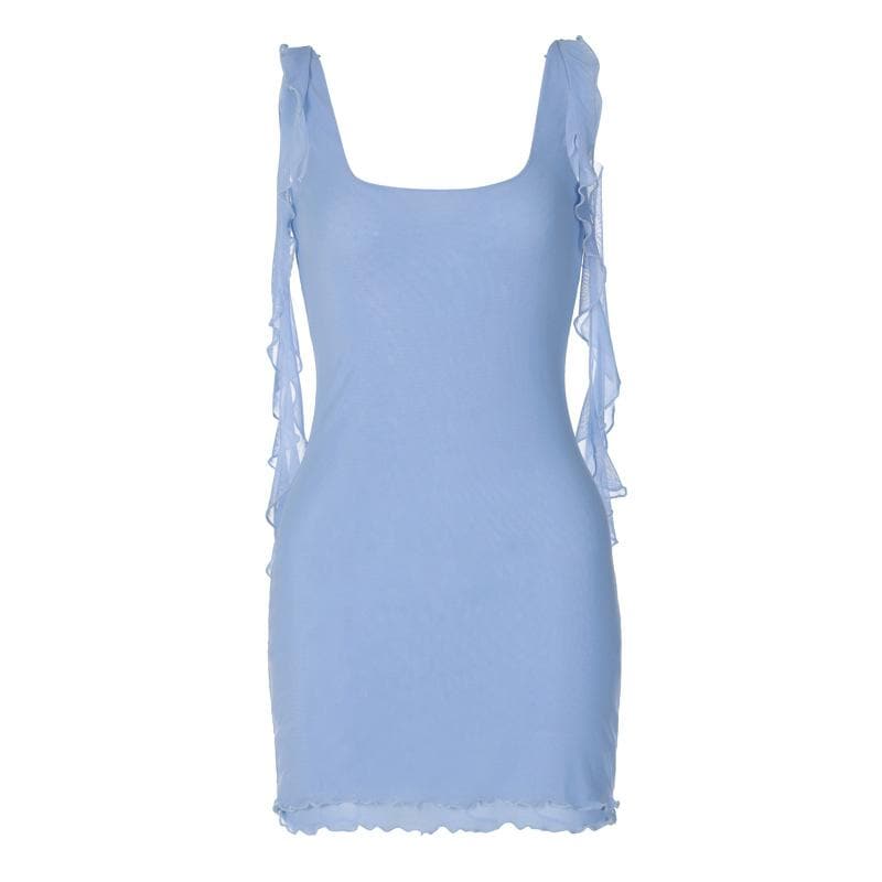Square neck sheer mesh backless ruffle ribbon solid mini dress - View 3