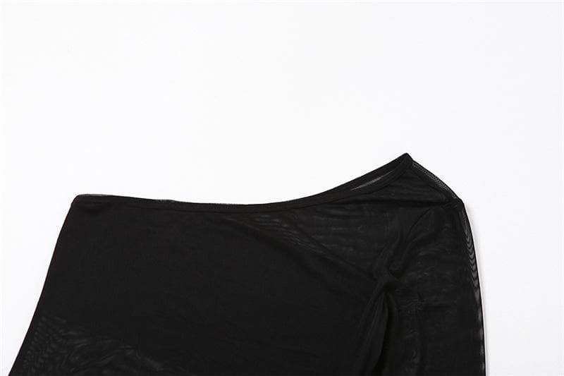 Ruffle contrast buckle one shoulder irregular ruched mesh mini dress - View 5