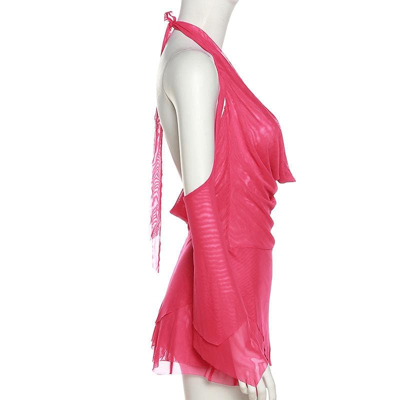 Mesh Cowl Neck Halter Long Sleeve Ruched Mini Dress - View 6