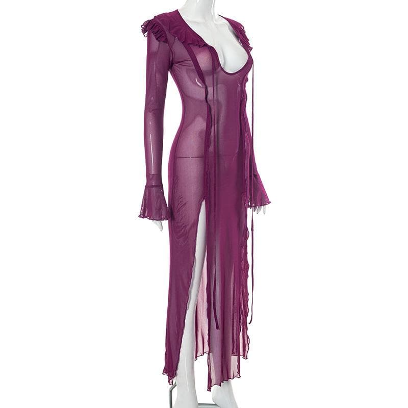 Slit flared sleeve sheer mesh see through u neck low cut maxi dress - View 11