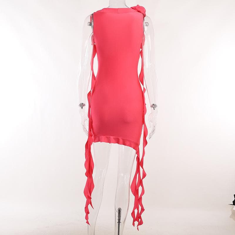 V-Neck Sleeveless Ruffle Flower Applique Asymmetric Mini Dress - View 4