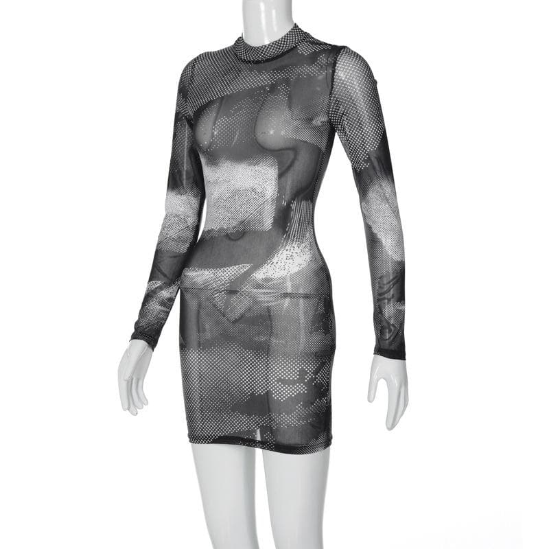 Long sleeve sheer mesh see through contrast polka dot mini dress - View 3