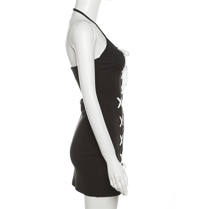 Halter Neck Lace Up Contrast Slit Bodycon Mini Dress - View 3