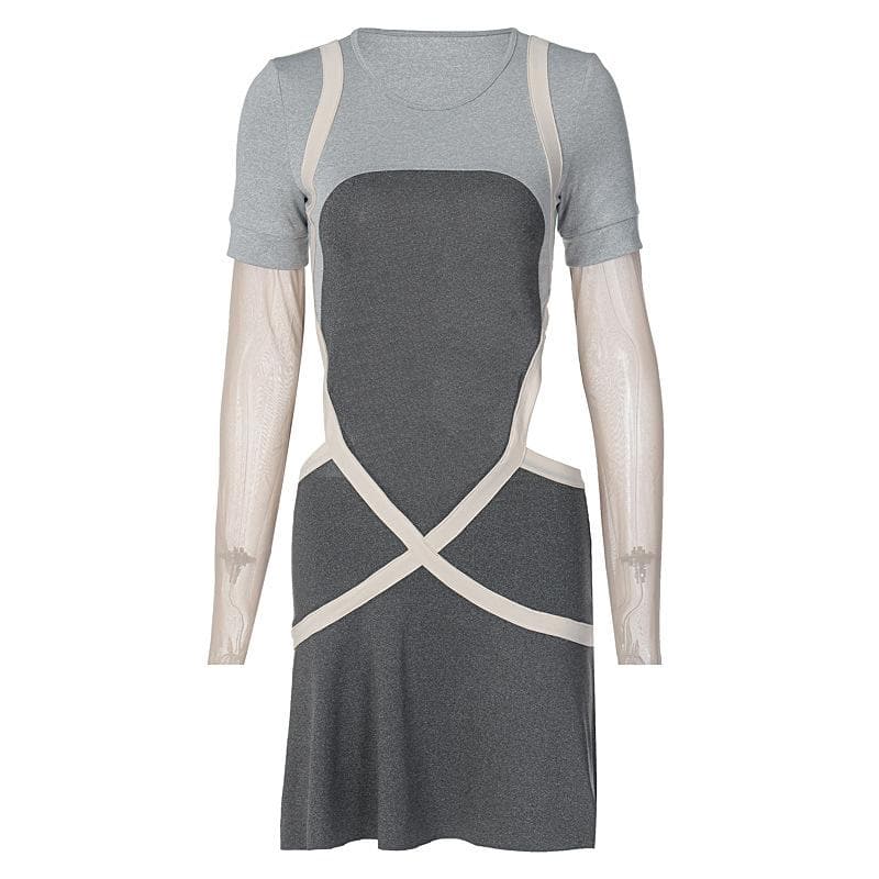 Mesh long sleeve contrast cross front mini dress - Final Sale