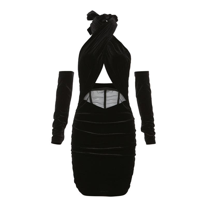 Velvet Halter Neck Glove Sleeve Cut Out Ruched Bodycon Mini Dress - View 8