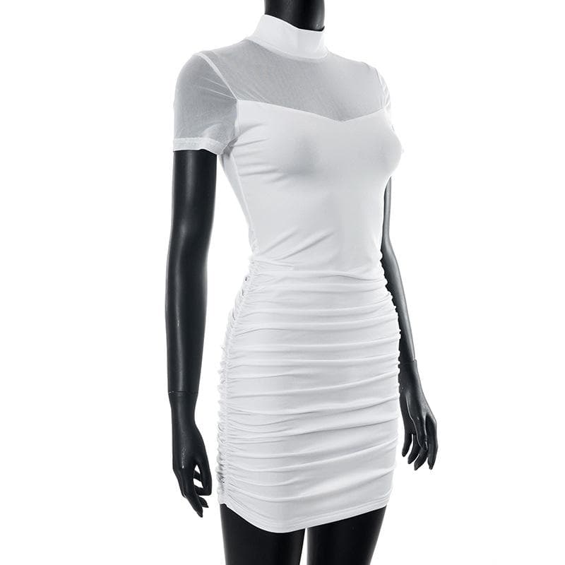 High neck short sleeve mesh patchwork ruched solid mini dress - View 5