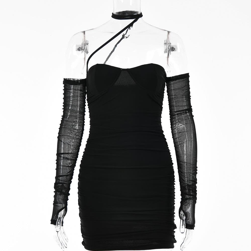 Mesh Halter Neck Off Shoulder Long Sleeve Ruched Bodycon Mini Dress