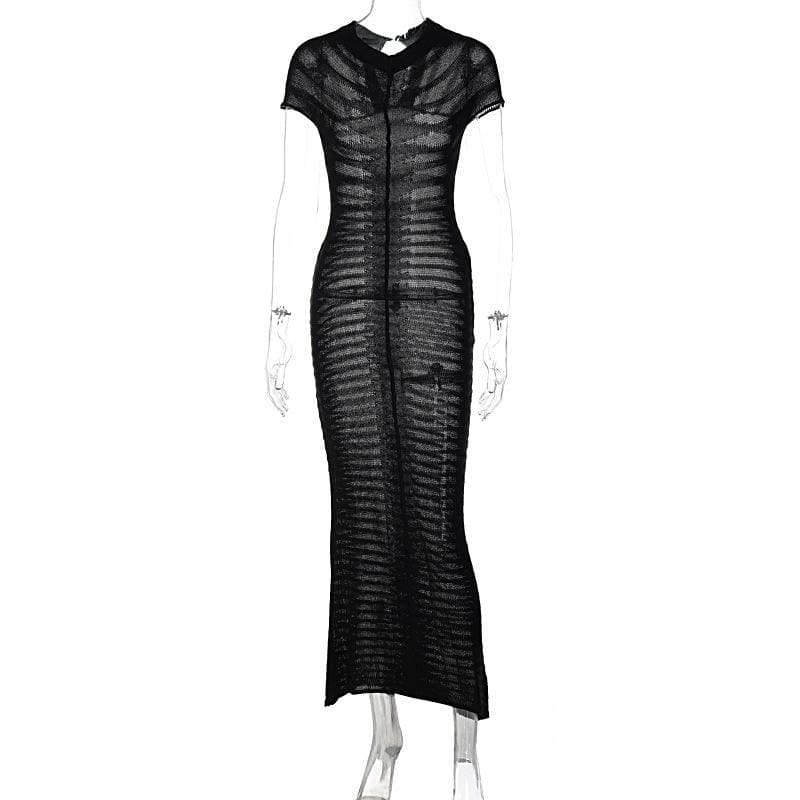 Short Sleeve Open Knit Pointelle Striped Bodycon Maxi Dress - View 3